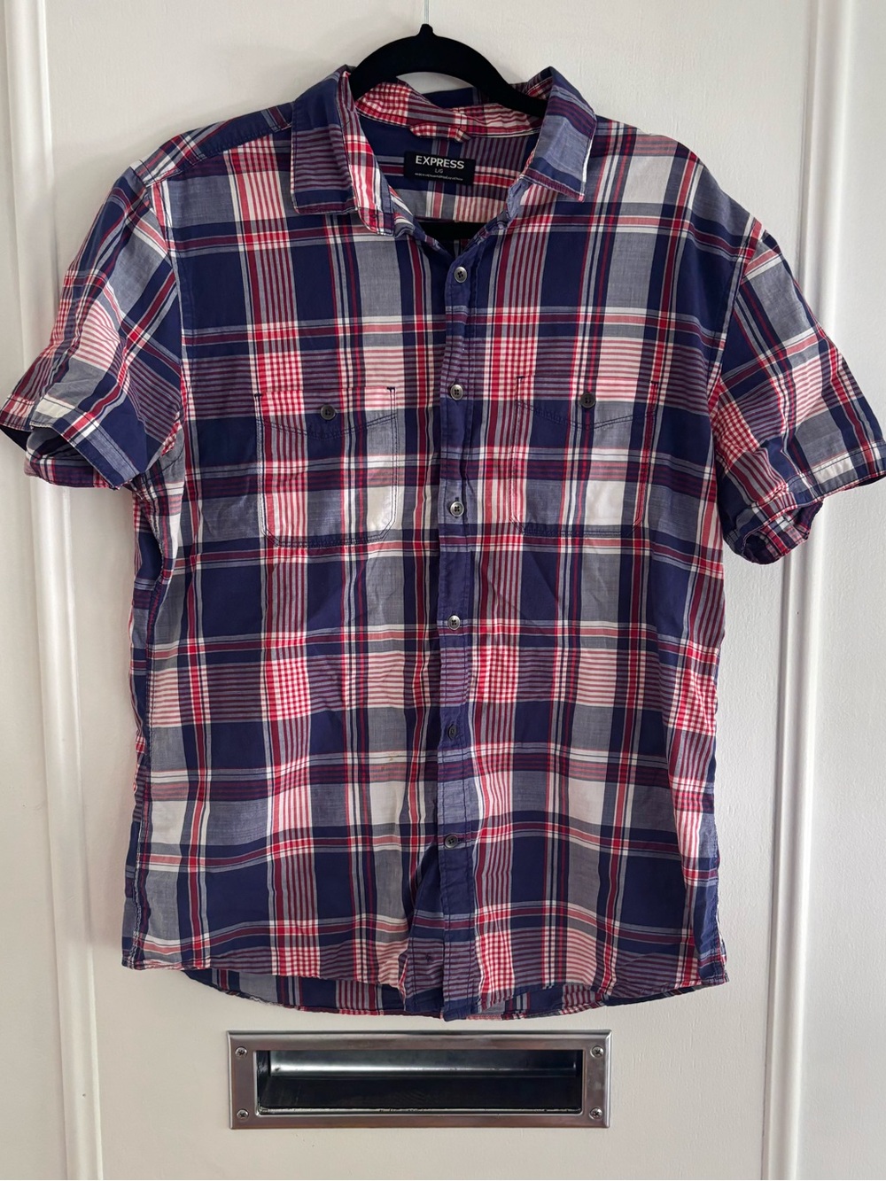 Express Men’s Short Sleeve Plaid Button-Down Shirt - Navy/Red/White
